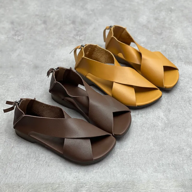 Women Crossing Design Leather Sandals With Rear Zippers