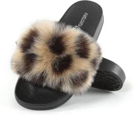 Women's Furry Slides Faux Fur Slides Fuzzy Slippers Fluffy Sandals Outdoor Indoor