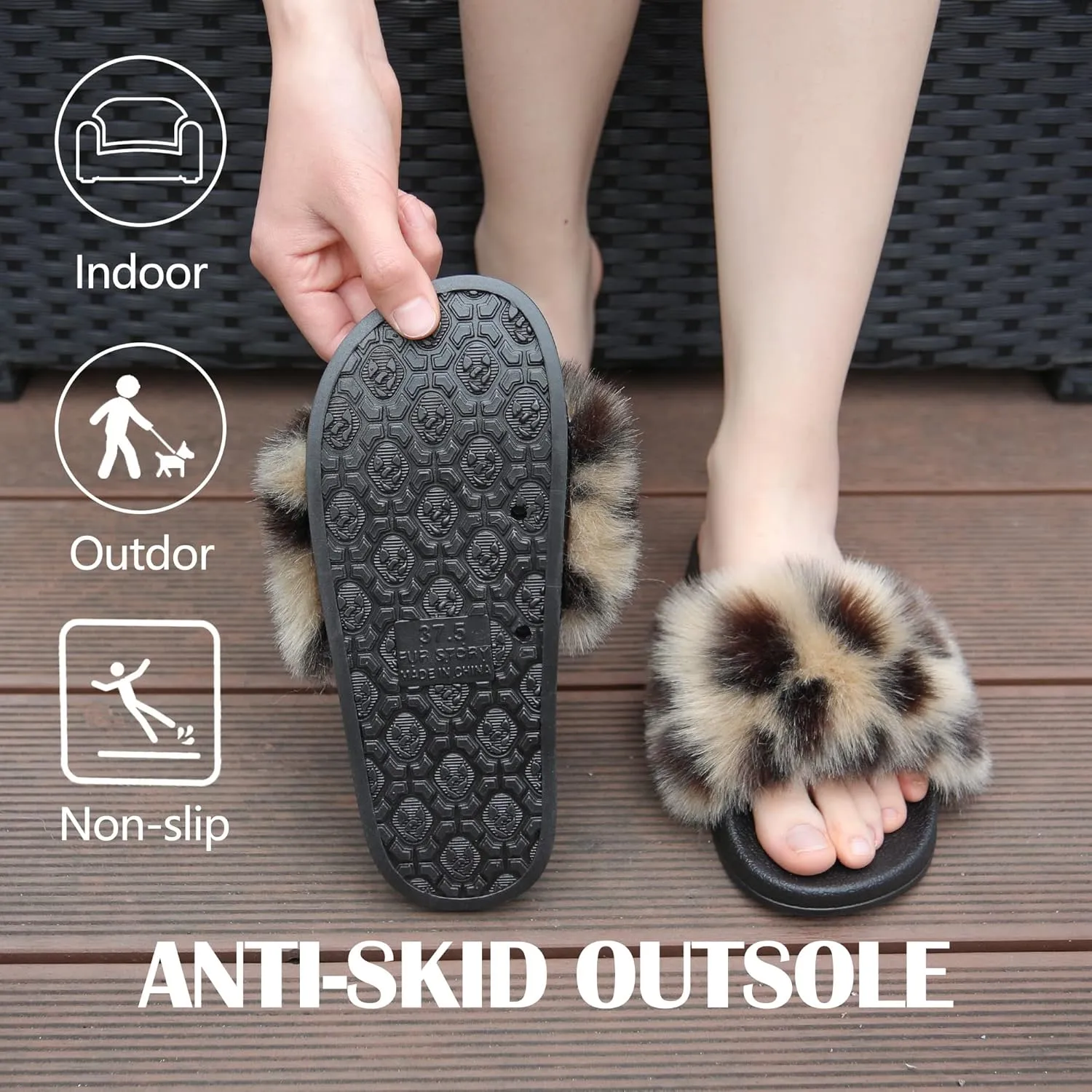 Women's Furry Slides Faux Fur Slides Fuzzy Slippers Fluffy Sandals Outdoor Indoor