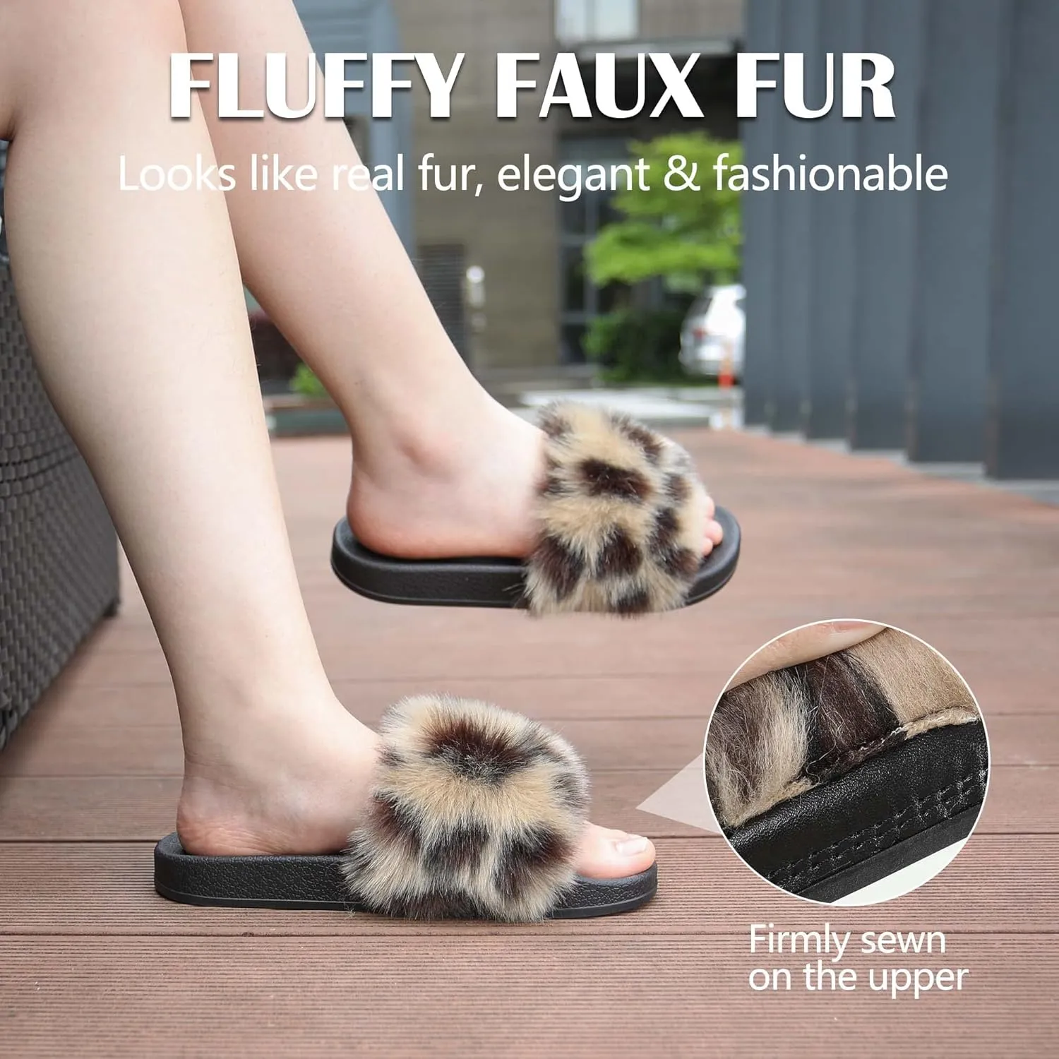 Women's Furry Slides Faux Fur Slides Fuzzy Slippers Fluffy Sandals Outdoor Indoor