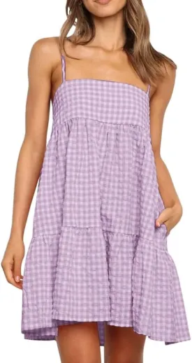 Womens Plaid A-line Dresses Shoulder Straps Ruffle Hem Casual Mini Dress with Side Pocket