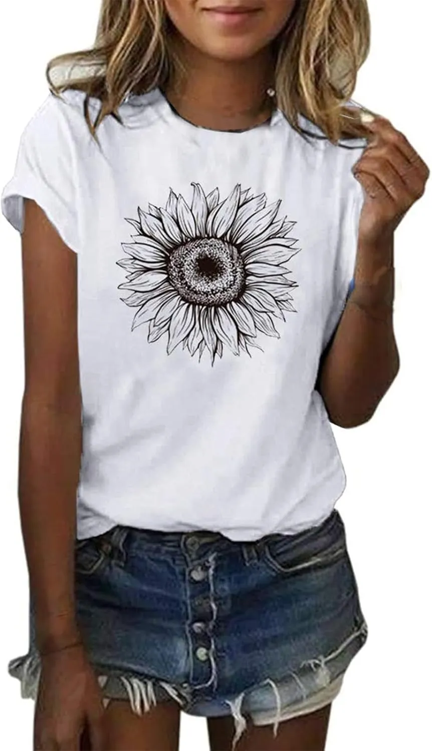 Women's T Shirts Short Sleeve Tees Sunflower Graphic Stretch Slim Summer Tops Female Casual Pattern Print Tank Tops Holiday