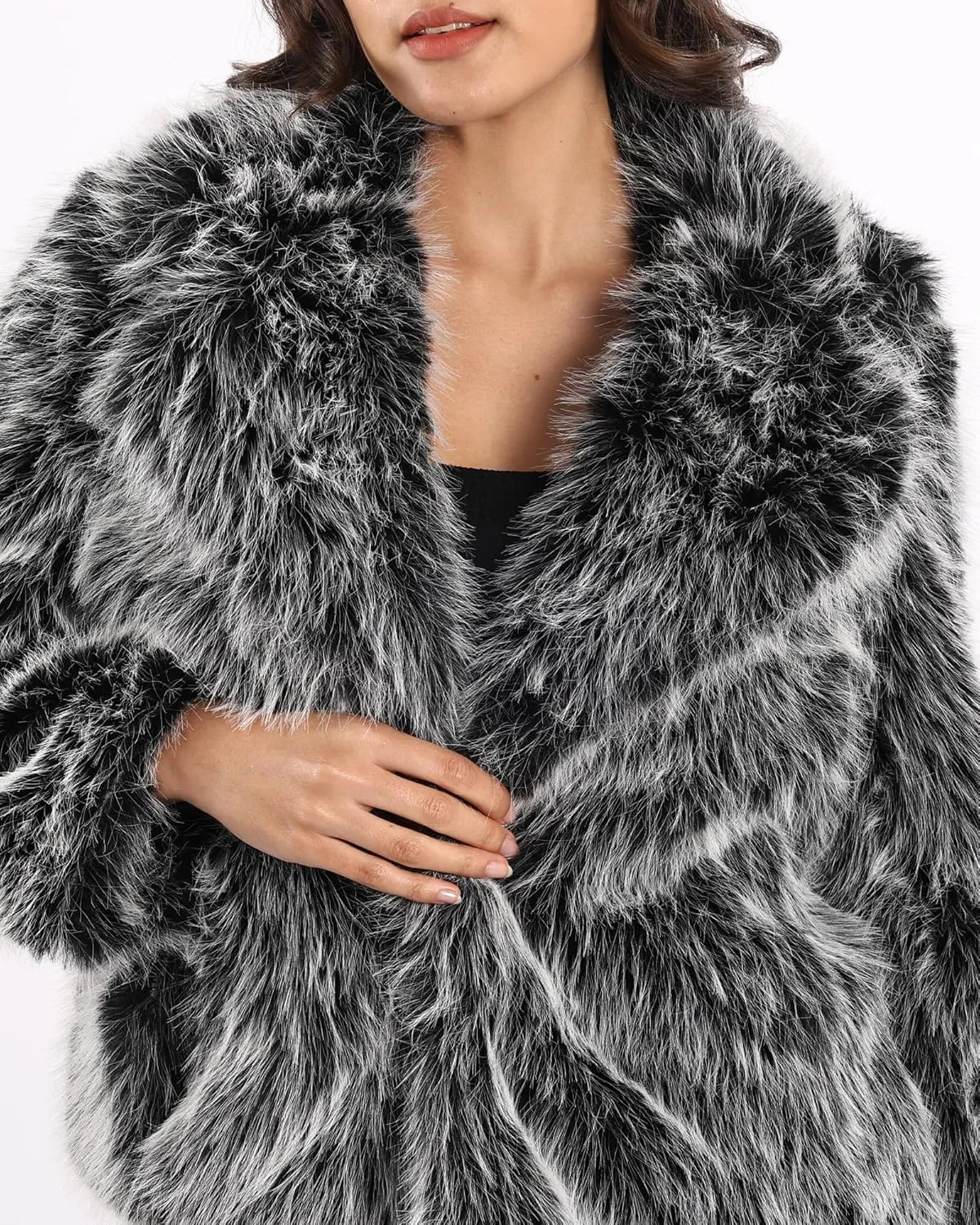 Women's Winter Faux Fur Coat Open Front Pockets Long Sleeve Fluffy Jacket