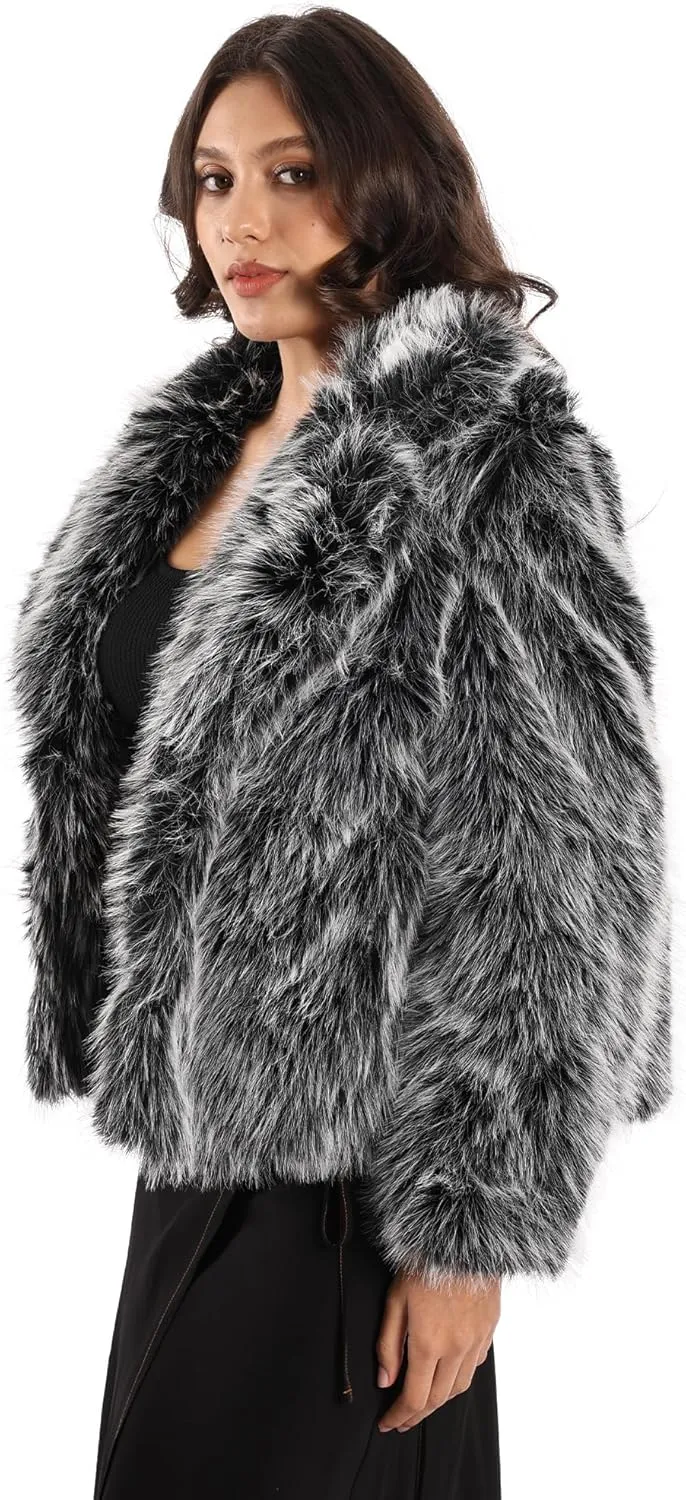 Women's Winter Faux Fur Coat Open Front Pockets Long Sleeve Fluffy Jacket