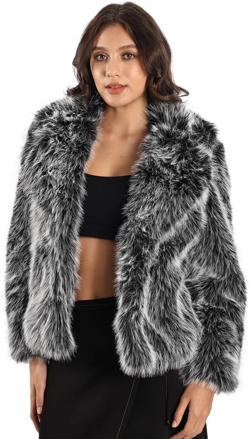 Women's Winter Faux Fur Coat Open Front Pockets Long Sleeve Fluffy Jacket
